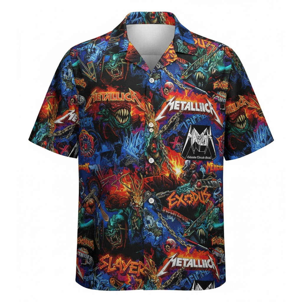 Metallica Exodus Slayer Graphic Print Short Sleeve Button
