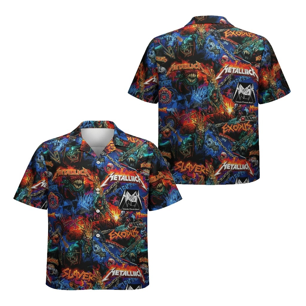 Metallica Exodus Slayer Graphic Print Short Sleeve Button Metallica Exodus Slayer Graphic Print Short Sleeve Button