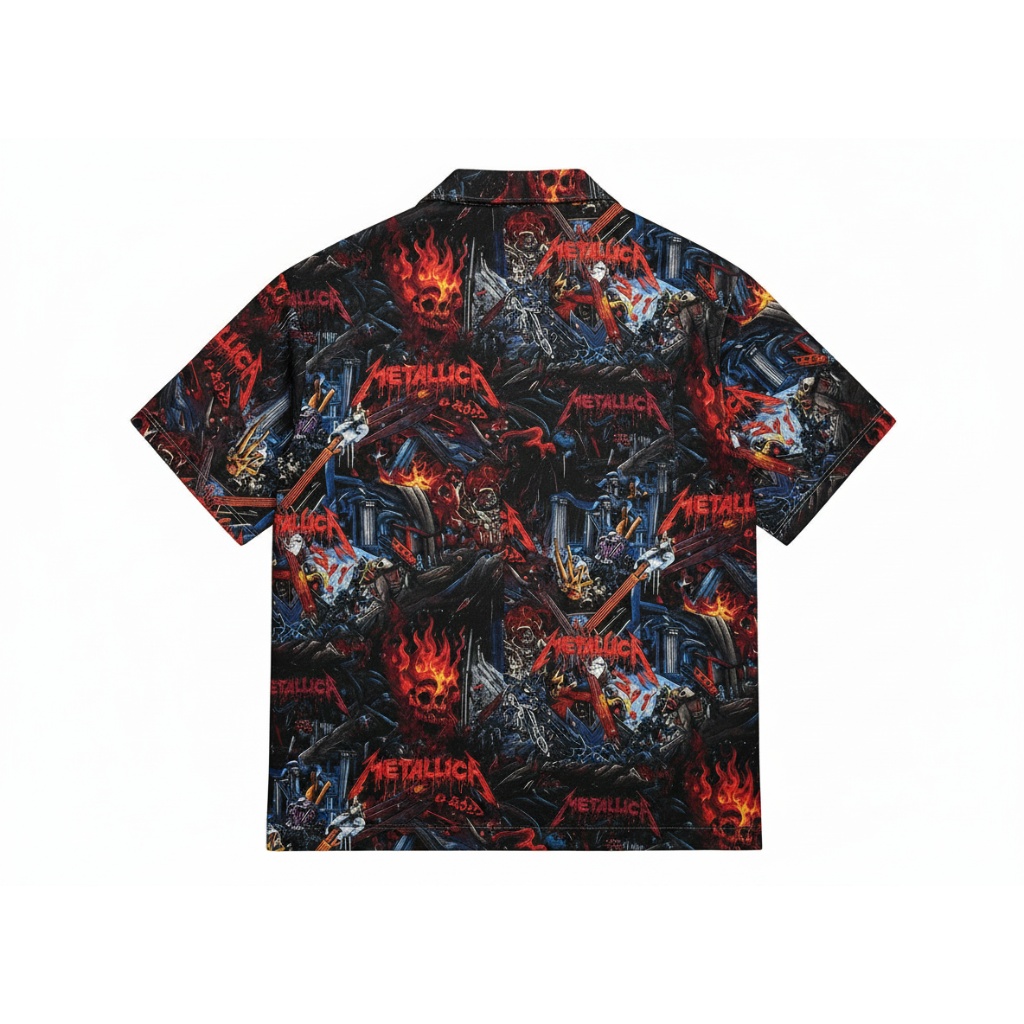Metallica Fiery Skull Design Short Sleeve Button Up Shirt Metallica Fiery Skull Design Short Sleeve Button Up Shirt