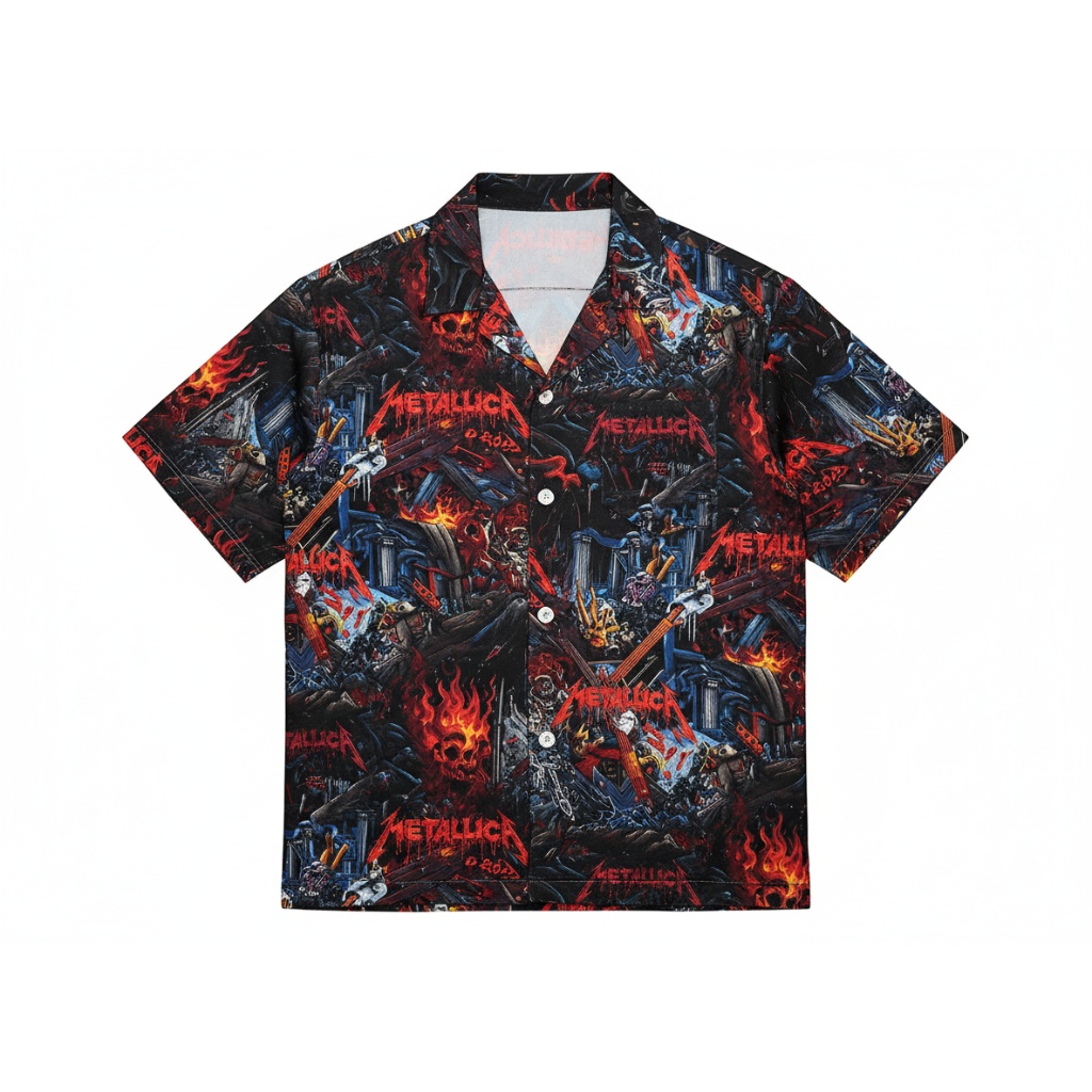 Metallica Fiery Skull Design Short Sleeve Button Up Shirt
