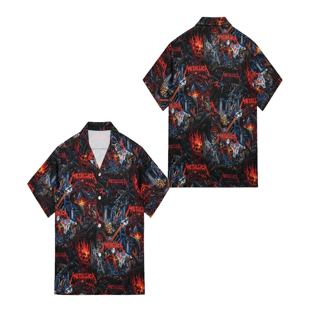 Metallica Fiery Skull Design Short Sleeve Button Up Shirt Metallica Fiery Skull Design Short Sleeve Button Up Shirt