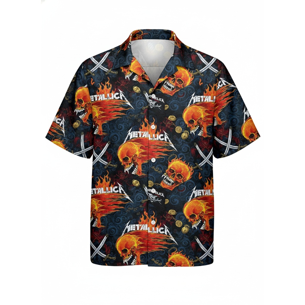 Metallica Fiery Skulls Hawaiian Shirt Black Orange