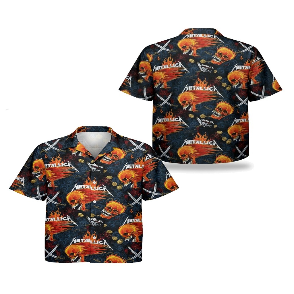 Metallica Fiery Skulls Hawaiian Shirt Black Orange
