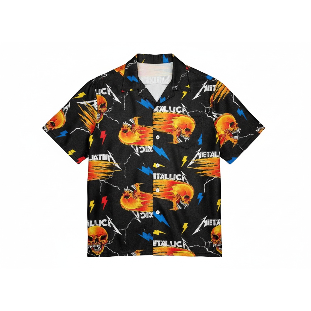 Metallica Flame Skull Hawaiian Shirt Black Orange Lightning