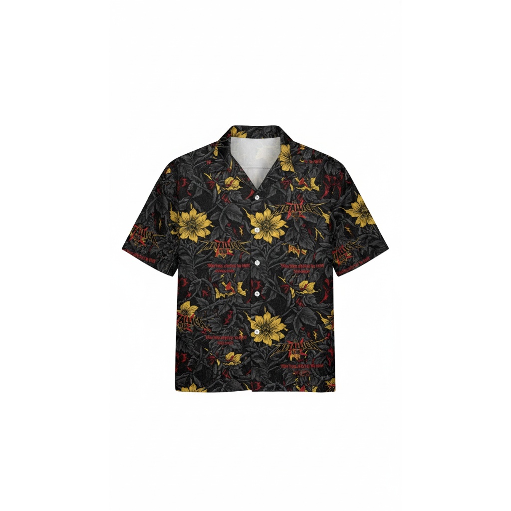 Metallica Floral Hawaiian Shirt Black Yellow Red