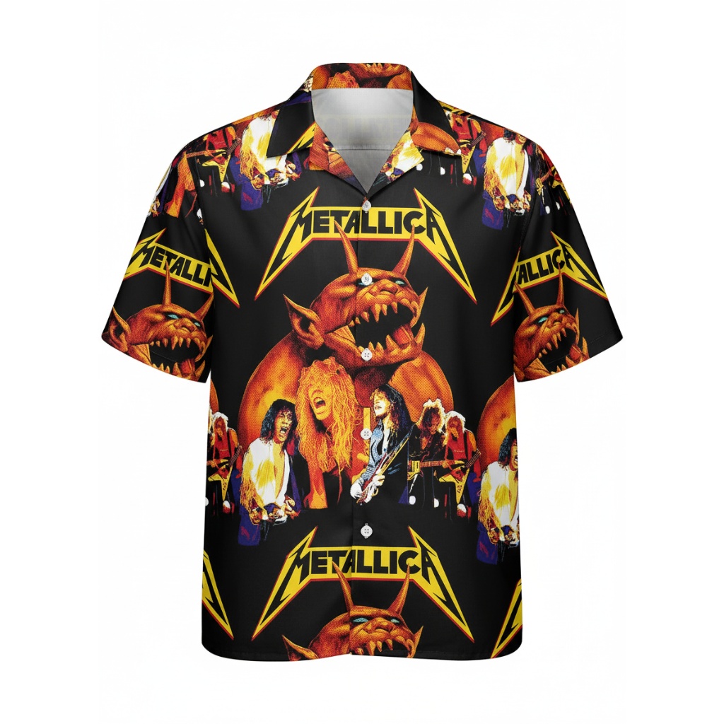 Metallica Graphic Print Black Hawaiian Shirt Rock Band Style