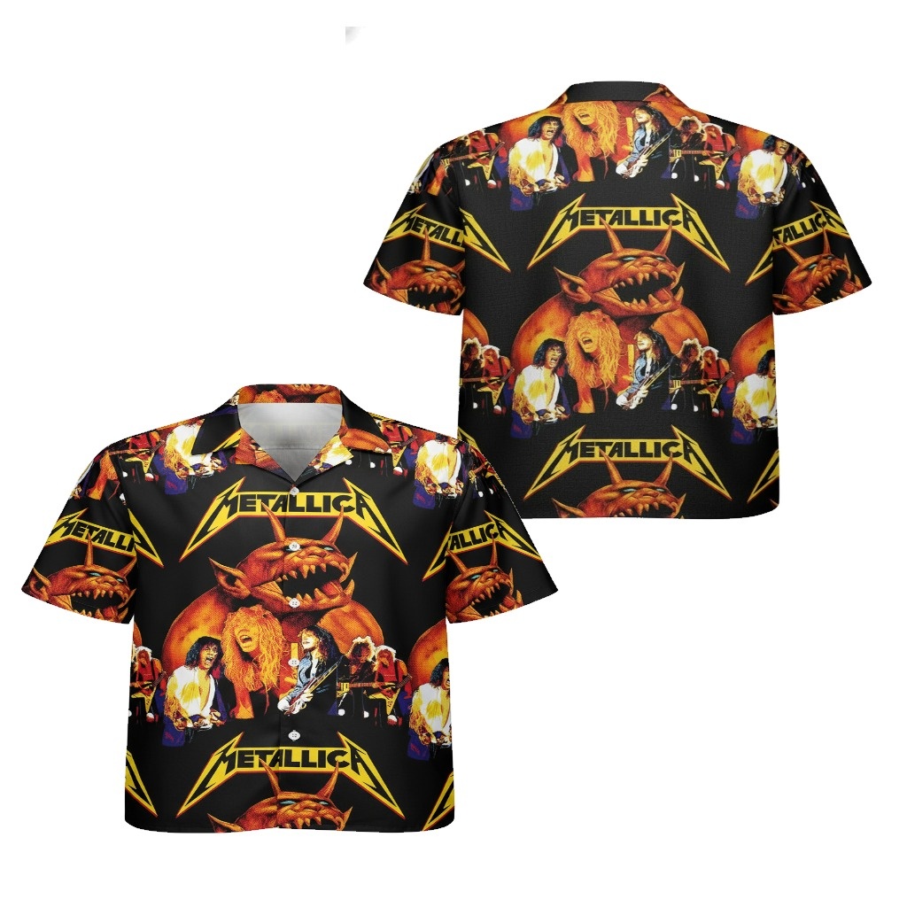 Metallica Graphic Print Black Hawaiian Shirt Rock Band Style Metallica Graphic Print Black Hawaiian Shirt Rock Band Style
