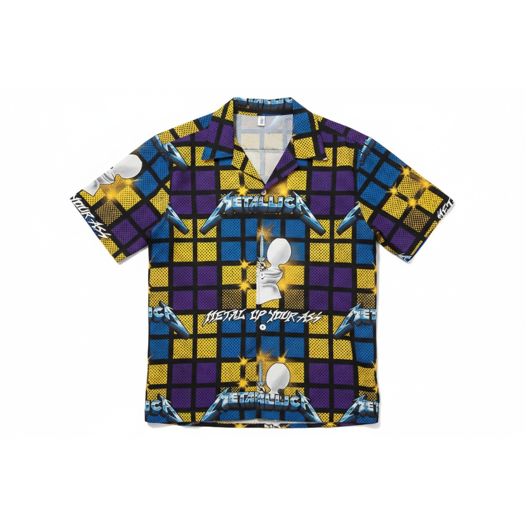 Metallica Graphic Print Button Up Shirt Blue Purple Yellow