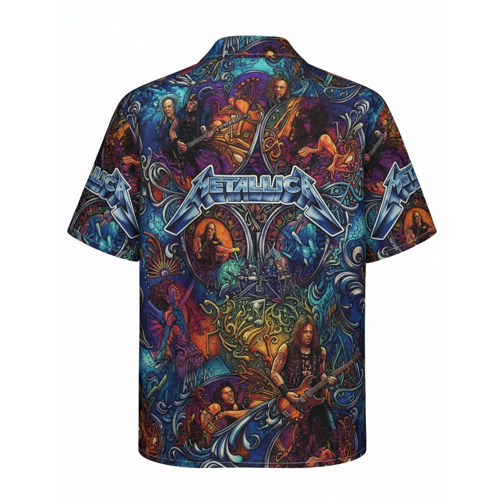 Metallica Graphic Print Hawaiian Shirt Blue Multi Color Metallica Graphic Print Hawaiian Shirt Blue Multi Color