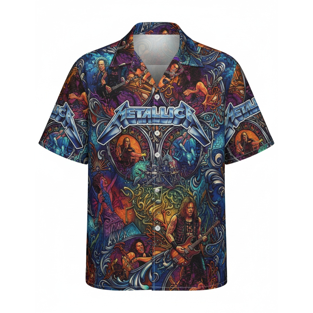Metallica Graphic Print Hawaiian Shirt Blue Multi Color