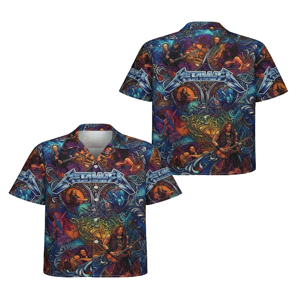 Metallica Graphic Print Hawaiian Shirt Blue Multi Color Metallica Graphic Print Hawaiian Shirt Blue Multi Color