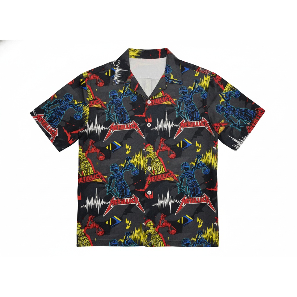 Metallica Graphic Print Short Sleeve Button Up Shirt Black