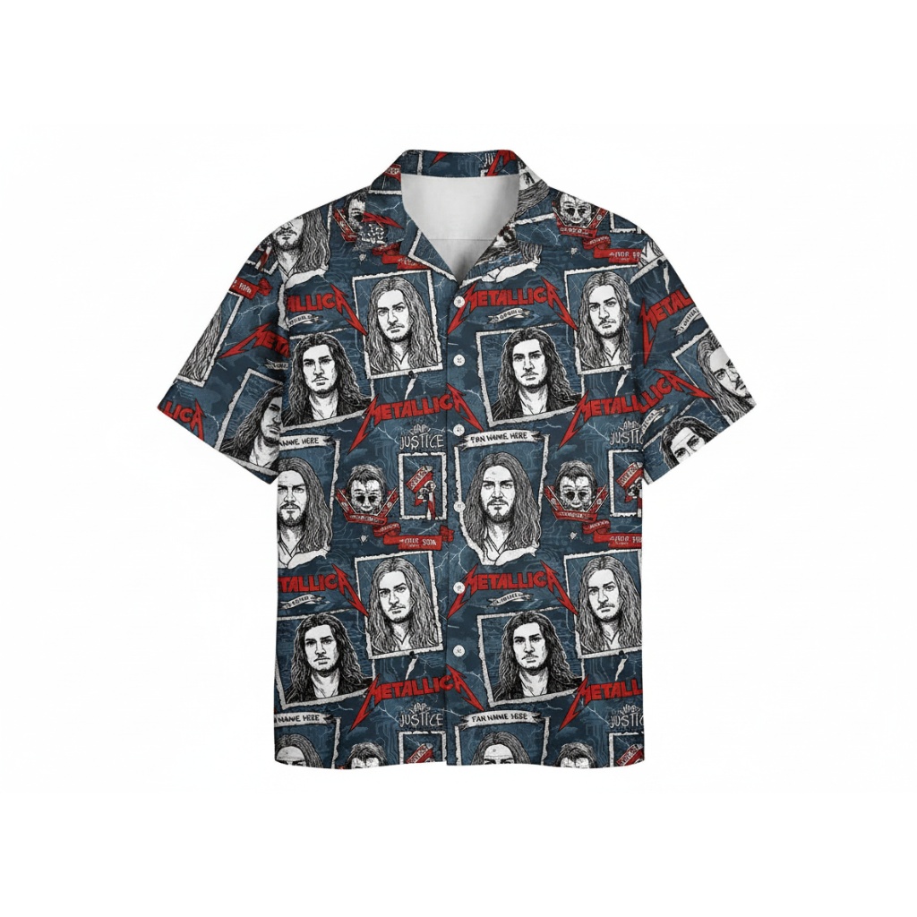 Metallica Justice For All Graphic Print Button Up Shirt Blue