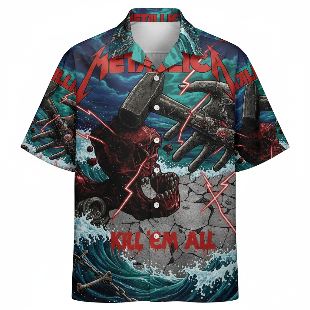 Metallica Kill Em All Hawaiian Shirt Blue Red Graphic Print