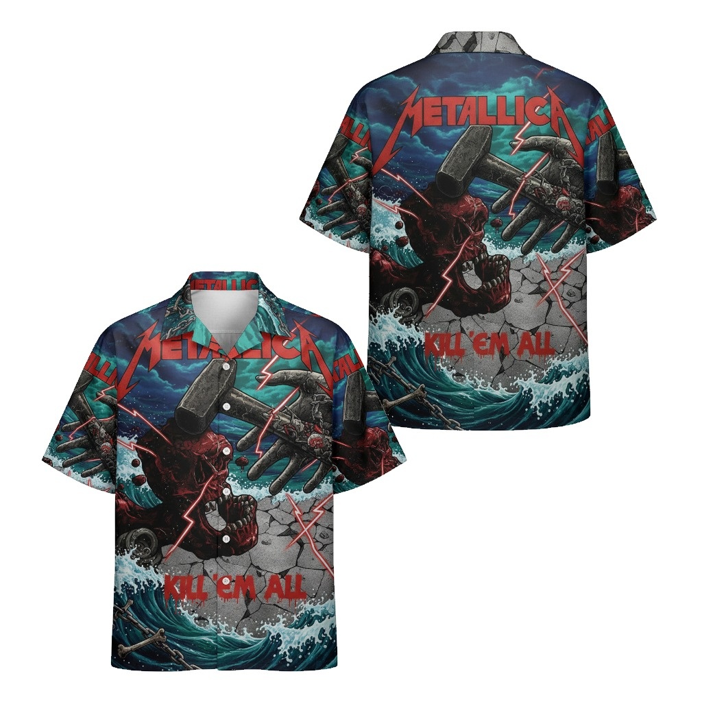 Metallica Kill Em All Hawaiian Shirt Blue Red Graphic Print Metallica Kill Em All Hawaiian Shirt Blue Red Graphic Print
