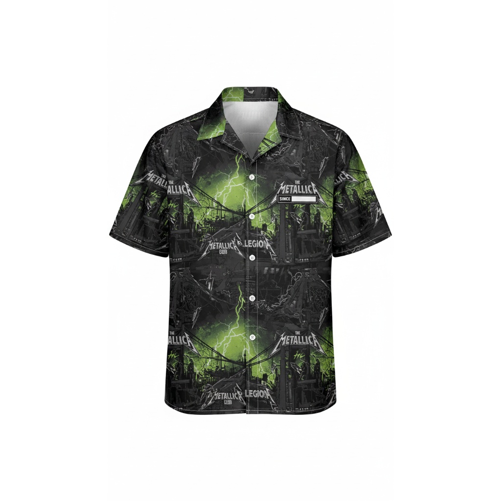 Metallica Legion Black Green Lightning Print Button Up Shirt