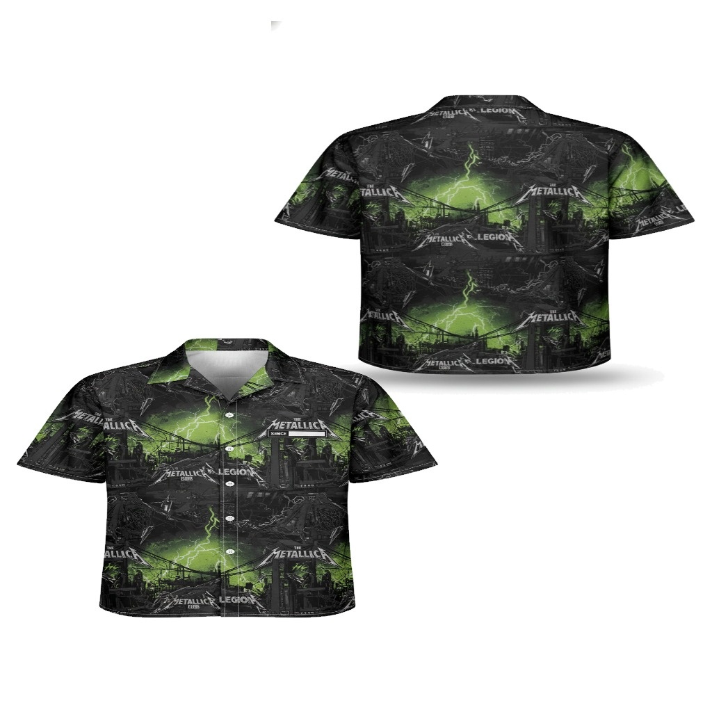 Metallica Legion Black Green Lightning Print Button Up Shirt Metallica Legion Black Green Lightning Print Button Up Shirt