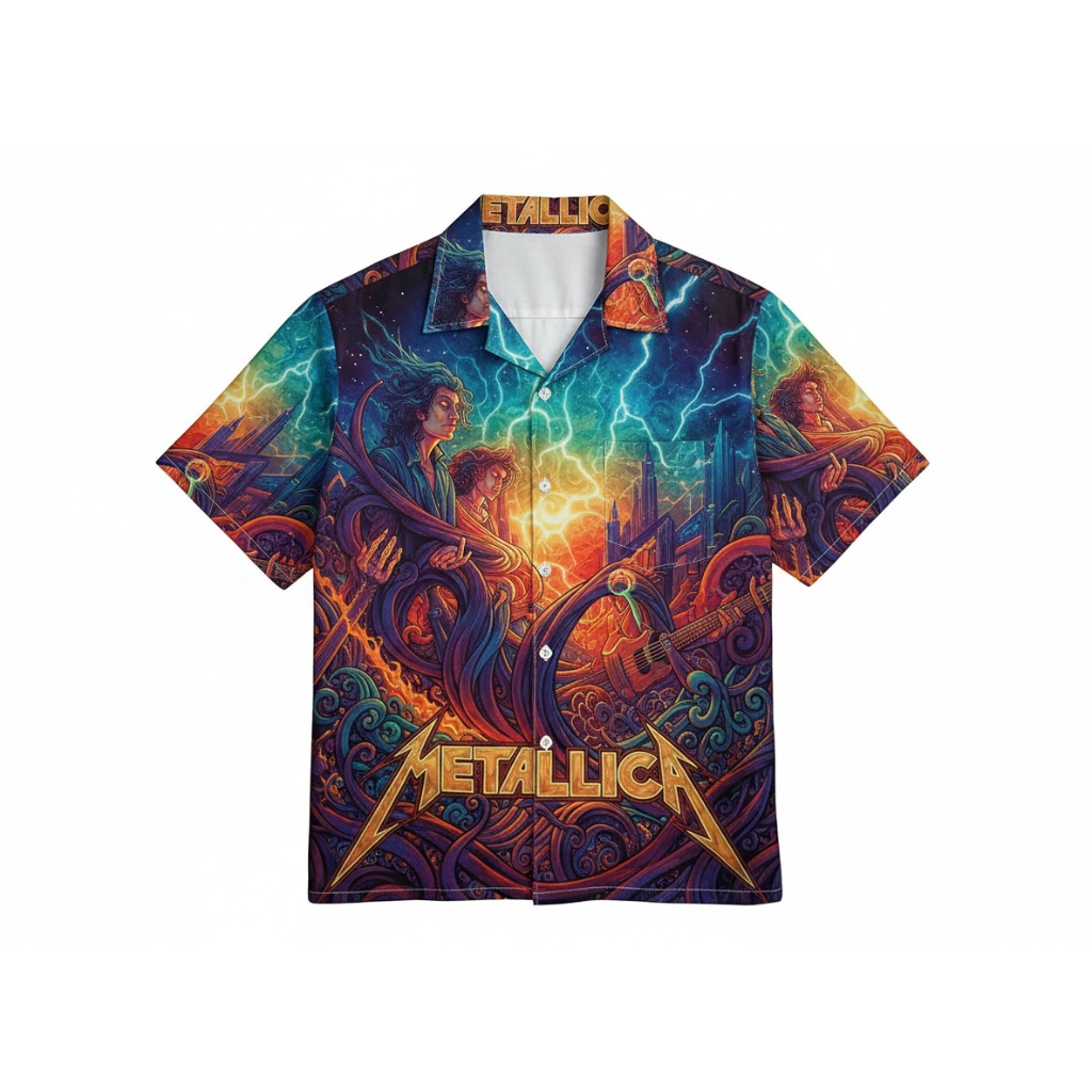 Metallica Lightning Design Button Up Shirt Blue Yellow