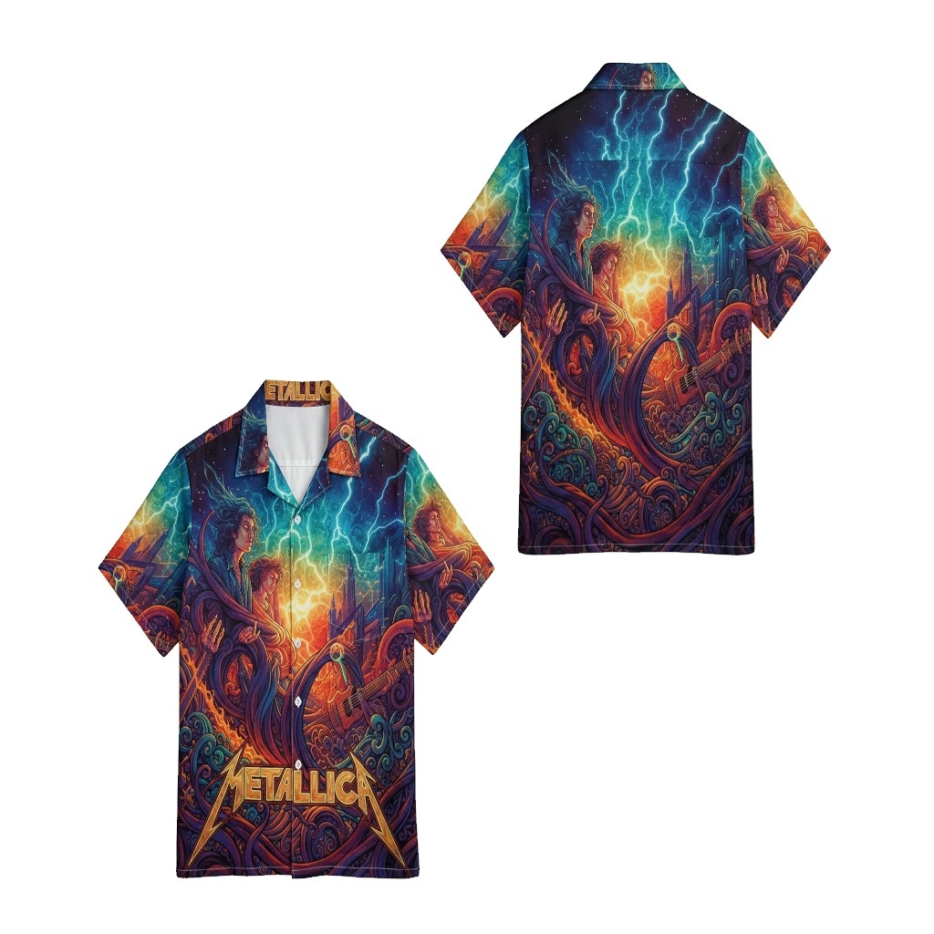 Metallica Lightning Design Button Up Shirt Blue Yellow Metallica Lightning Design Button Up Shirt Blue Yellow