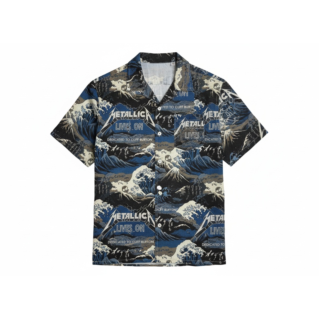 Metallica Lives On Dark Wave Print Button Up Shirt