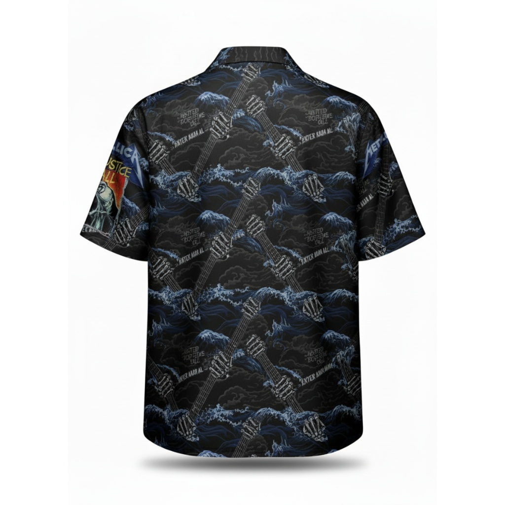 Metallica Rider Crew Hawaiian Shirt Black Blue Guitar Design Metallica Rider Crew Hawaiian Shirt Black Blue Guitar Design