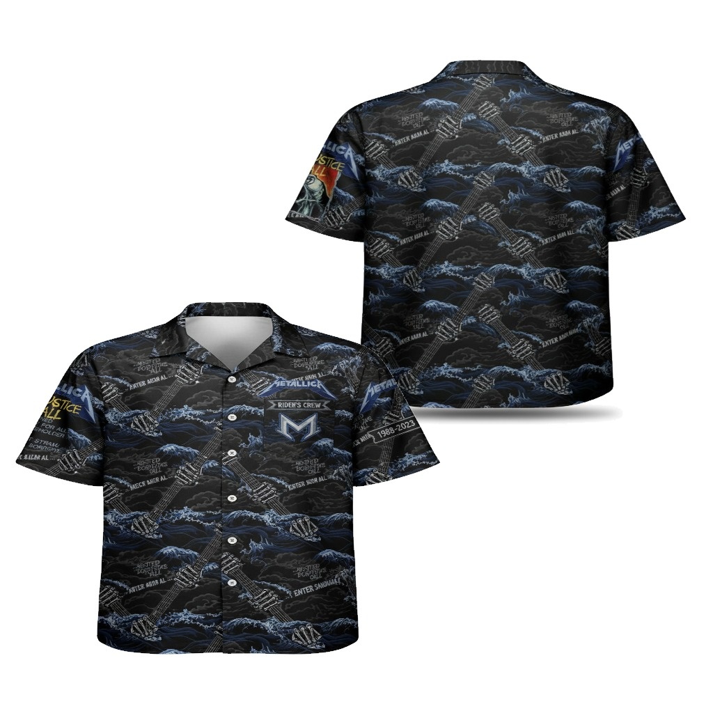 Metallica Rider Crew Hawaiian Shirt Black Blue Guitar Design Metallica Rider Crew Hawaiian Shirt Black Blue Guitar Design