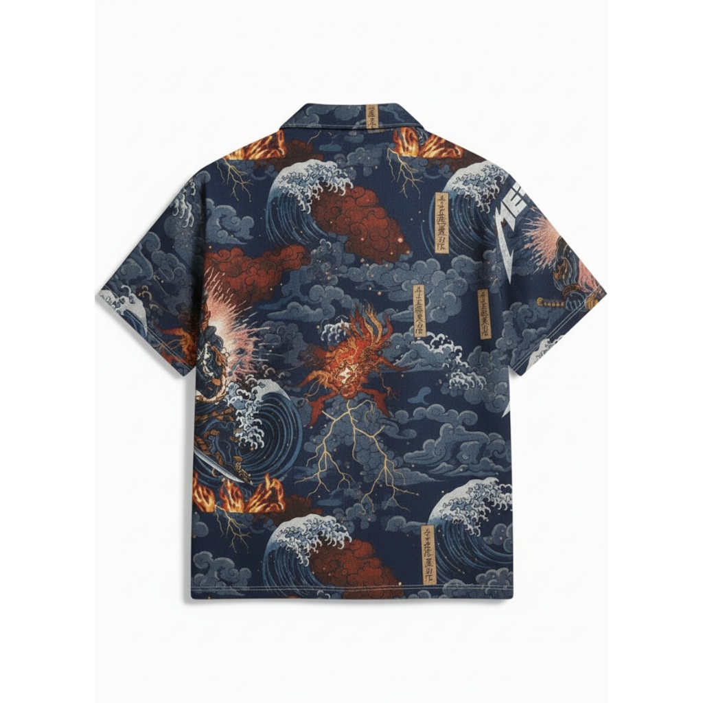 Metallica Samurai Wave Print Button Up Shirt Navy Blue Metallica Samurai Wave Print Button Up Shirt Navy Blue