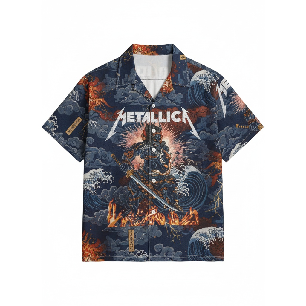 Metallica Samurai Wave Print Button Up Shirt Navy Blue