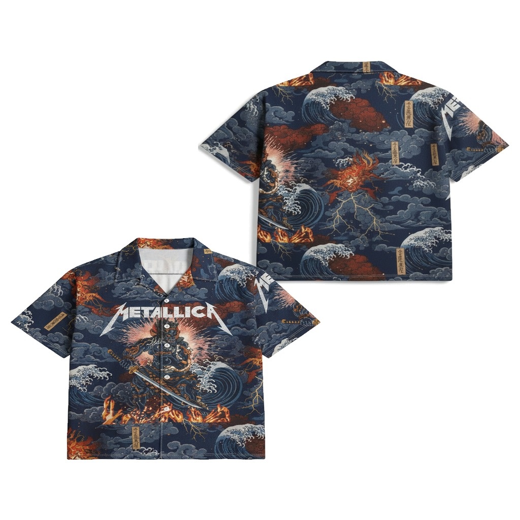 Metallica Samurai Wave Print Button Up Shirt Navy Blue Metallica Samurai Wave Print Button Up Shirt Navy Blue