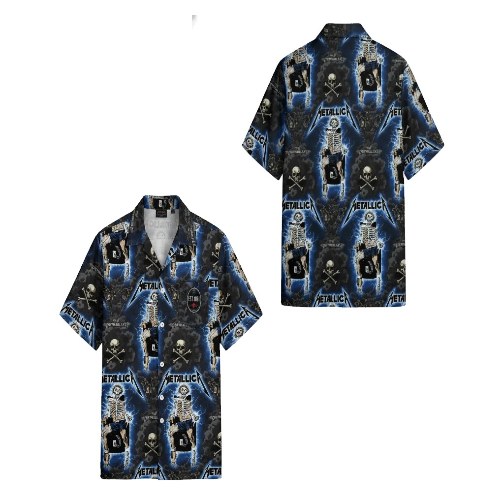Metallica Skeleton Blue Lightning Print Hawaiian Shirt Metallica Skeleton Blue Lightning Print Hawaiian Shirt