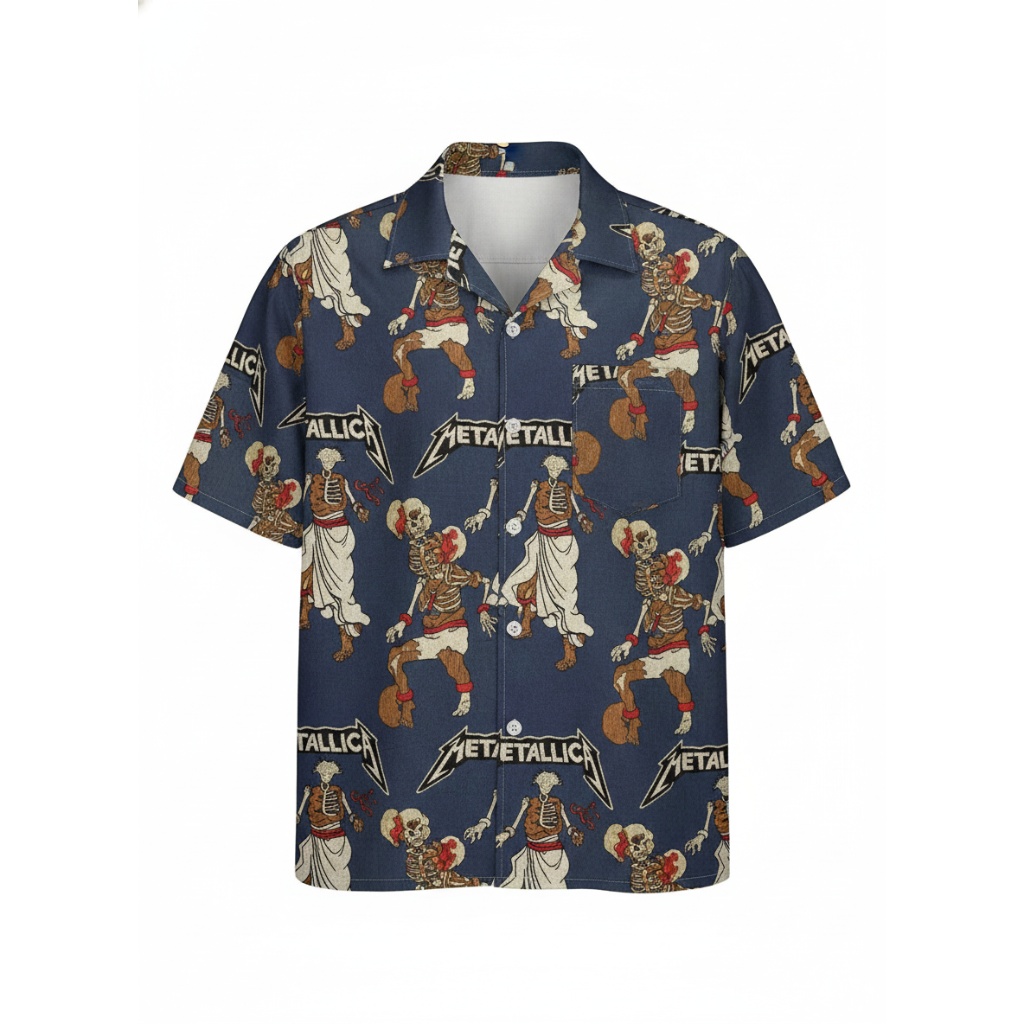 Metallica Skeleton Print Navy Blue Short Sleeve Button Up