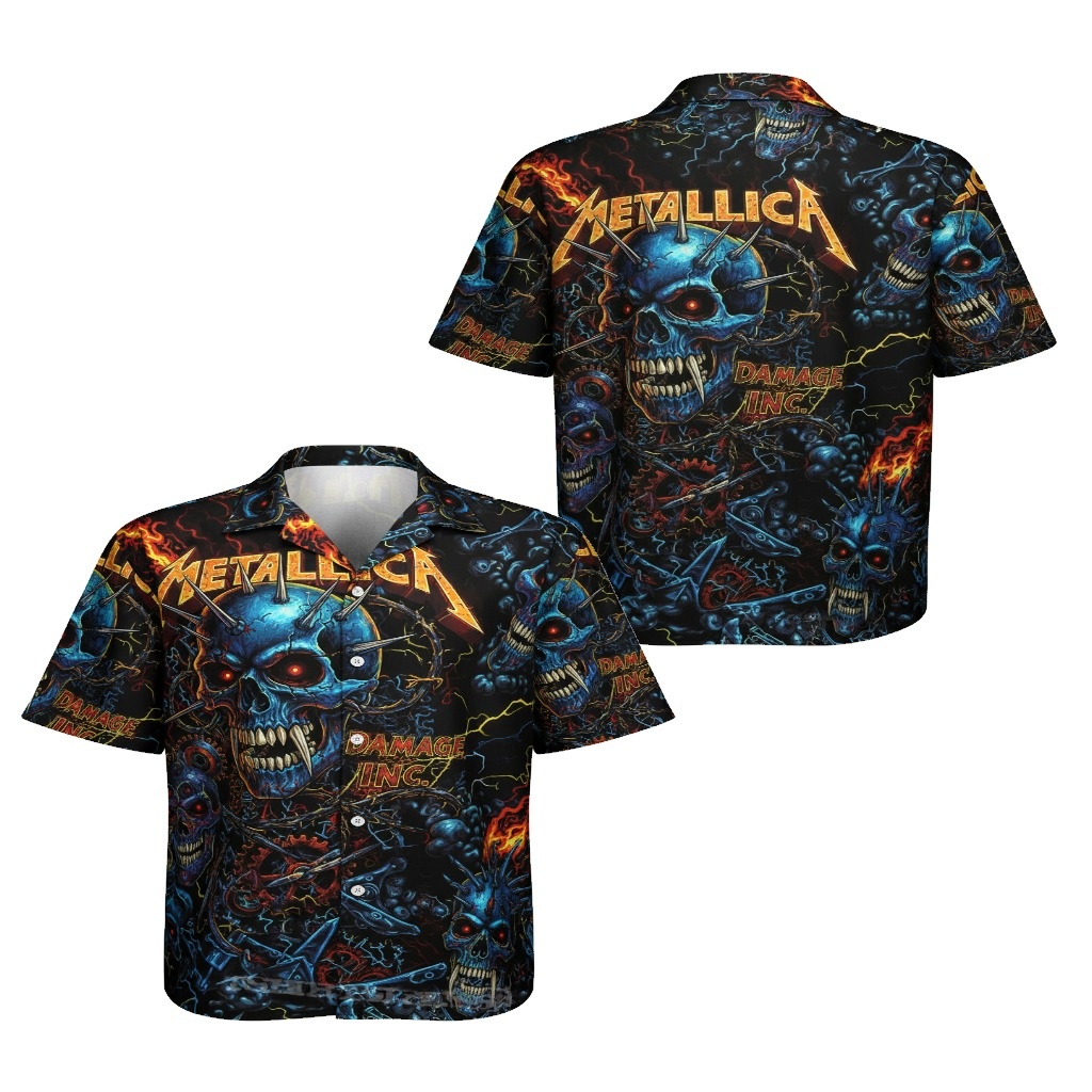 Metallica Skull Damage Inc Hawaiian Shirt Black Blue Metallica Skull Damage Inc Hawaiian Shirt Black Blue