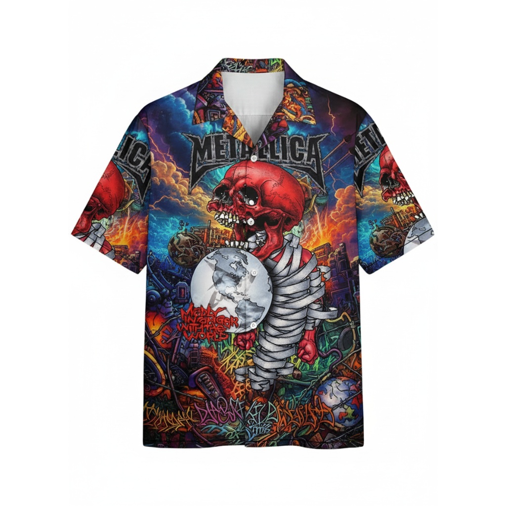 Metallica Skull Graphic Hawaiian Shirt Dark Blue Red