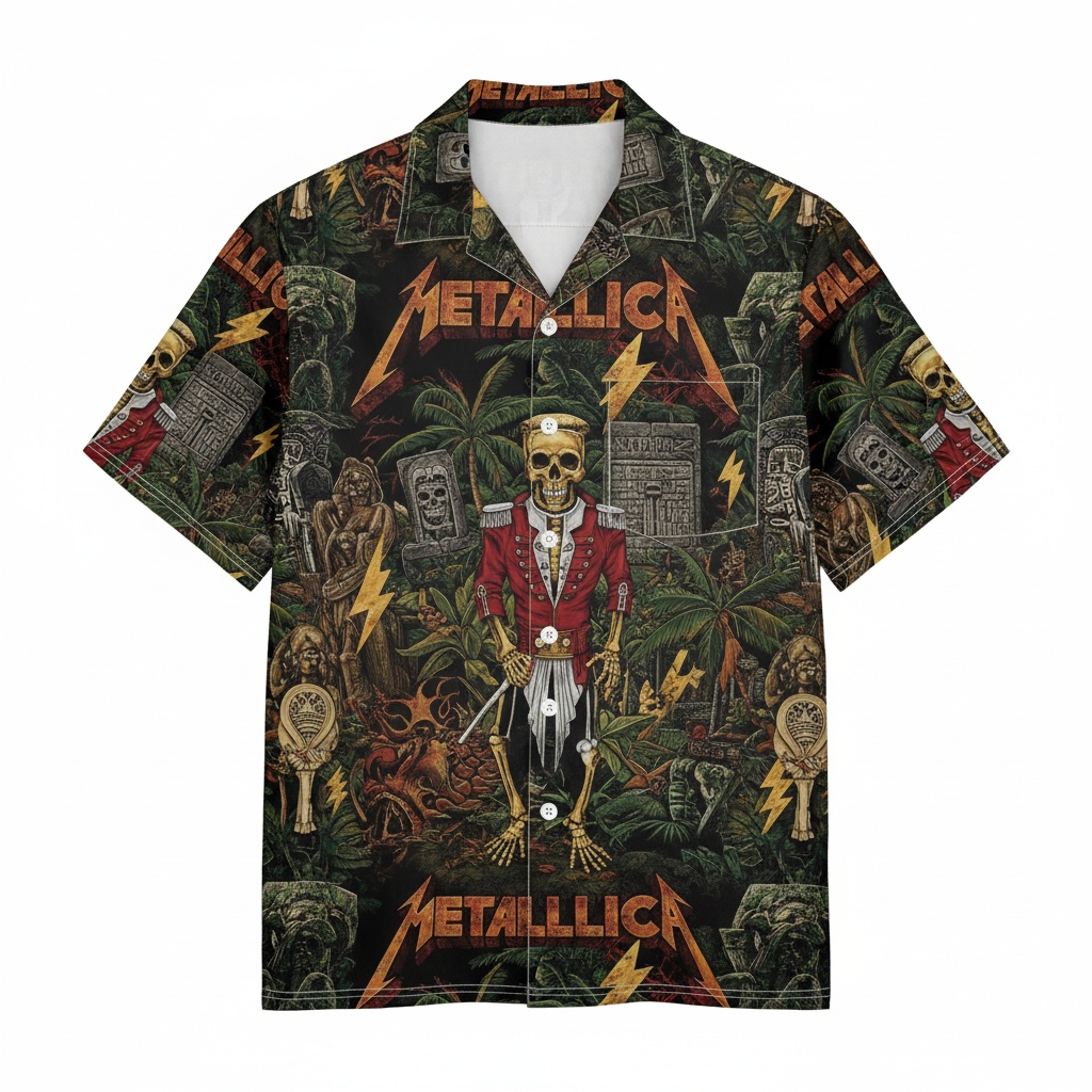 Metallica Skull Jungle Print Button Up Shirt Dark Green