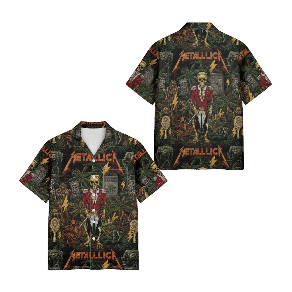 Metallica Skull Jungle Print Button Up Shirt Dark Green Metallica Skull Jungle Print Button Up Shirt Dark Green