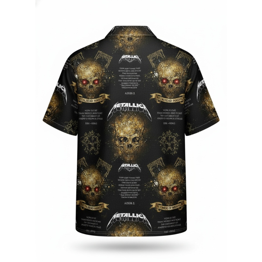 Metallica Skull Print Black Hawaiian Shirt Rock Band Style Metallica Skull Print Black Hawaiian Shirt Rock Band Style