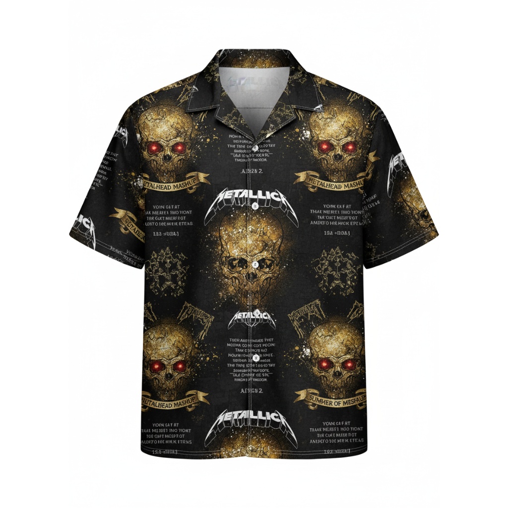 Metallica Skull Print Black Hawaiian Shirt Rock Band Style