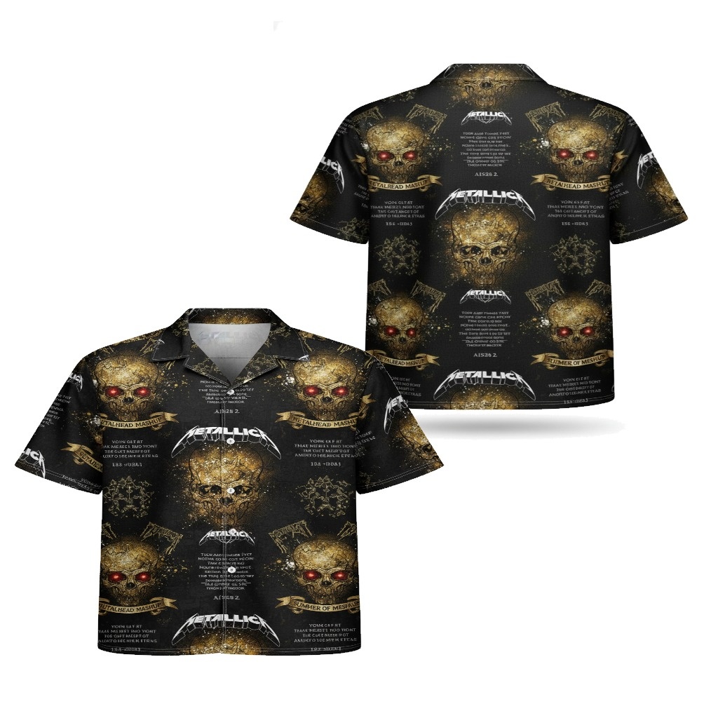 Metallica Skull Print Black Hawaiian Shirt Rock Band Style Metallica Skull Print Black Hawaiian Shirt Rock Band Style