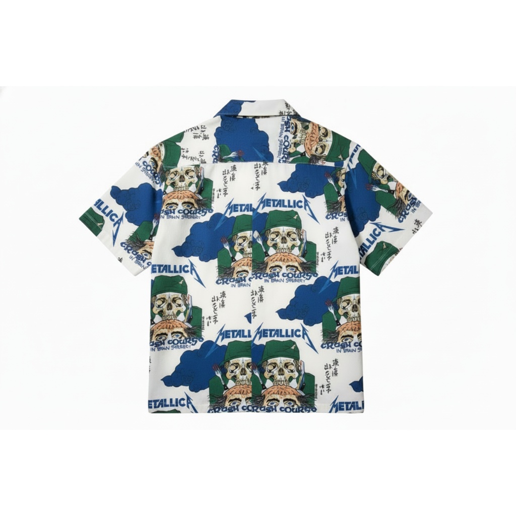 Metallica Skull Print White Short Sleeve Button Up Shirt Metallica Skull Print White Short Sleeve Button Up Shirt
