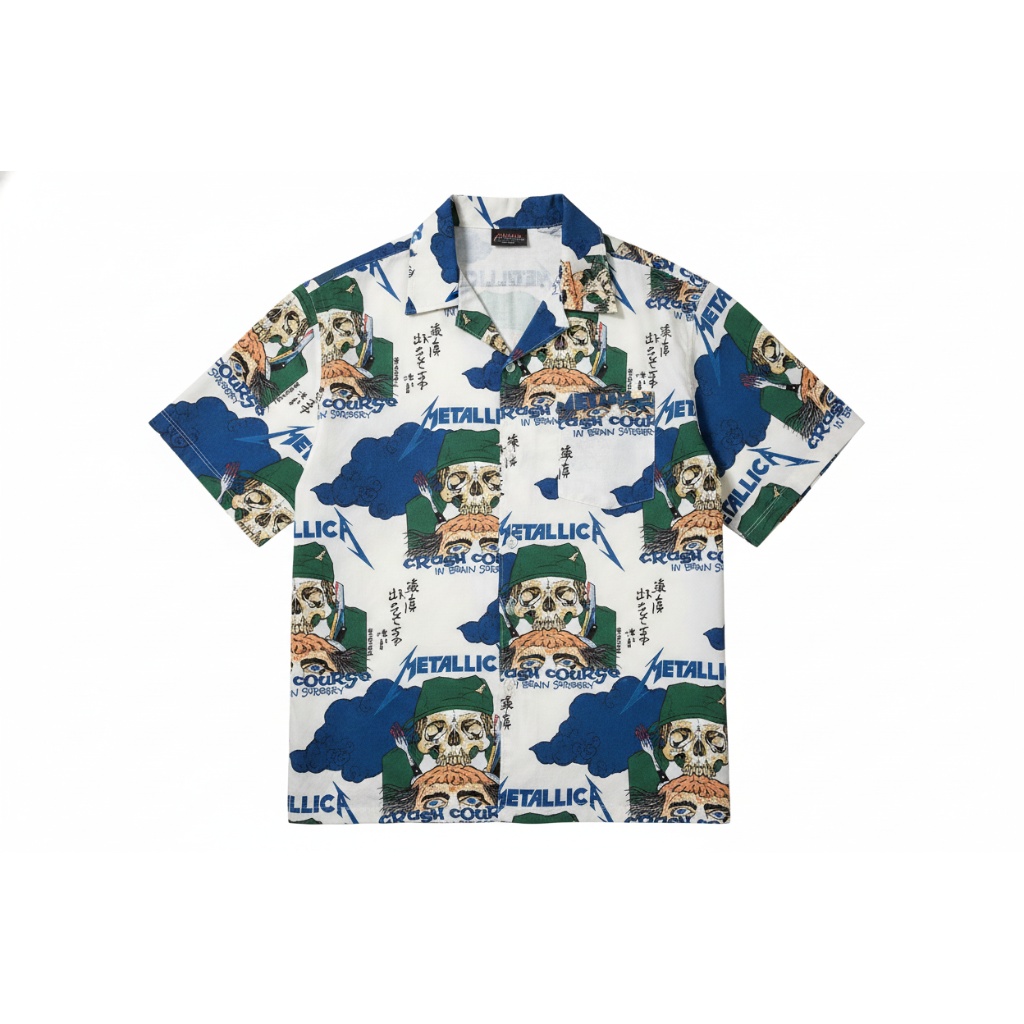 Metallica Skull Print White Short Sleeve Button Up Shirt