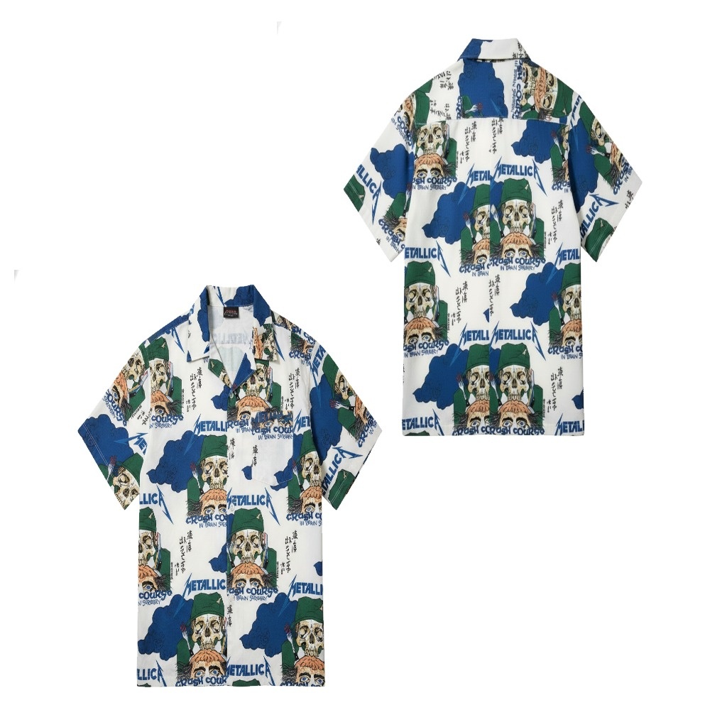 Metallica Skull Print White Short Sleeve Button Up Shirt Metallica Skull Print White Short Sleeve Button Up Shirt