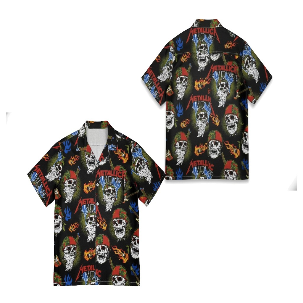 Metallica Skulls Flaming Guitars Black Hawaiian Shirt Metallica Skulls Flaming Guitars Black Hawaiian Shirt