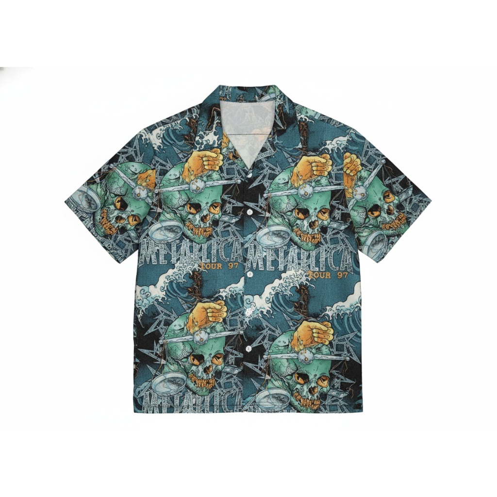 Metallica Tour 97 Skull Graphic Teal Button Up Shirt