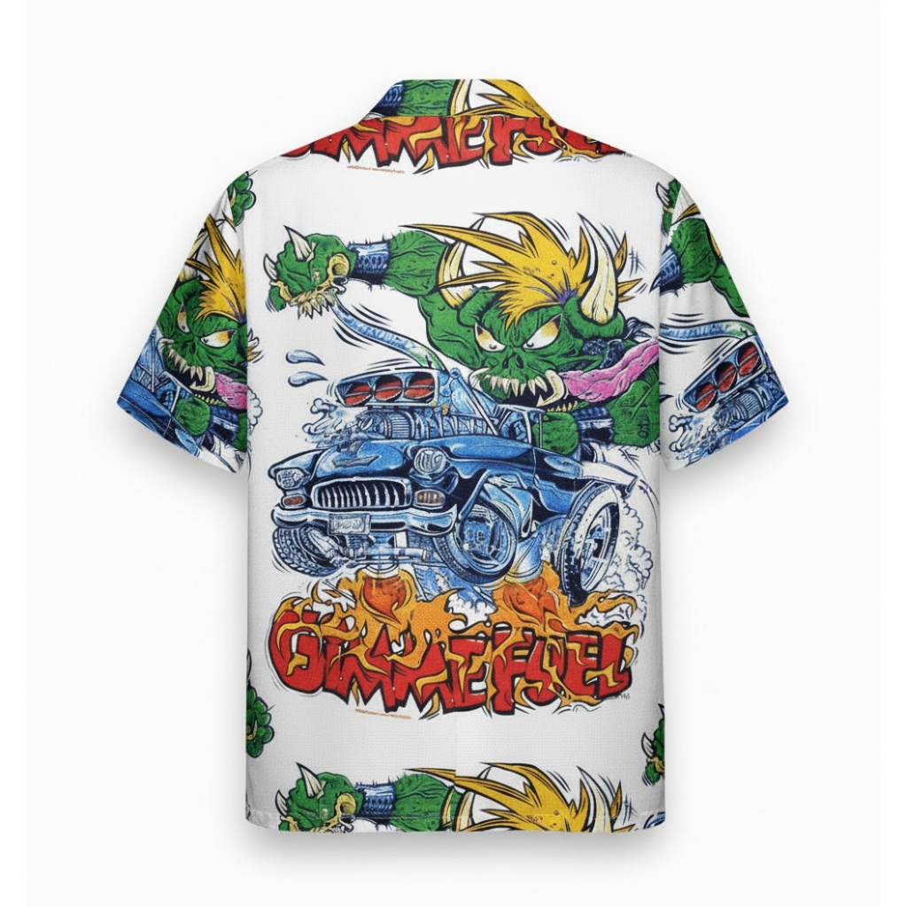 Monster Car Hawaiian Shirt White Green Bold Graphic Print Monster Car Hawaiian Shirt White Green Bold Graphic Print