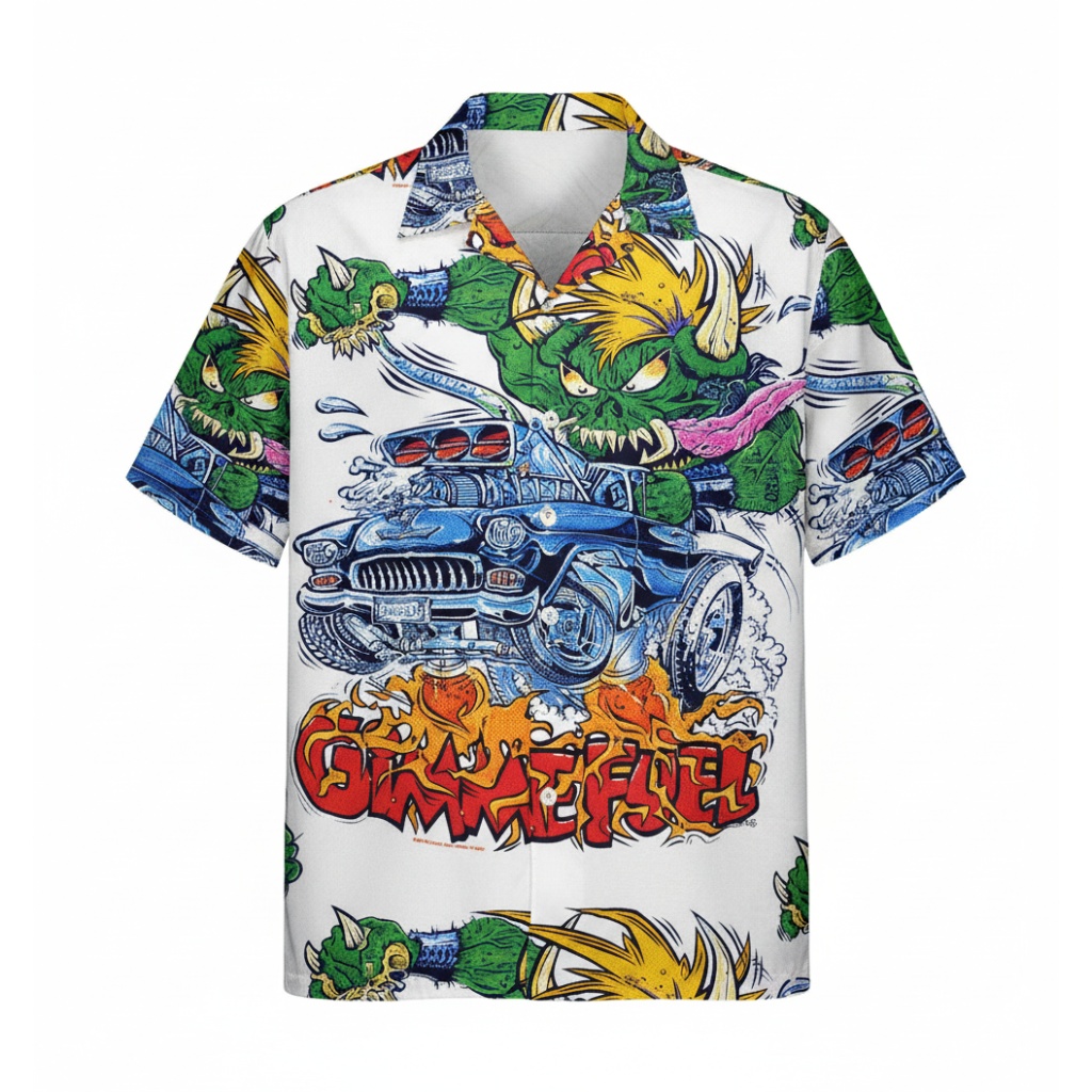 Monster Car Hawaiian Shirt White Green Bold Graphic Print