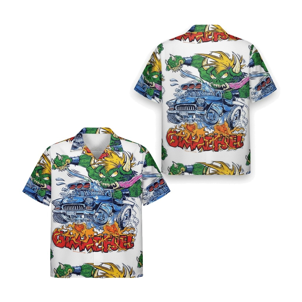 Monster Car Hawaiian Shirt White Green Bold Graphic Print Monster Car Hawaiian Shirt White Green Bold Graphic Print