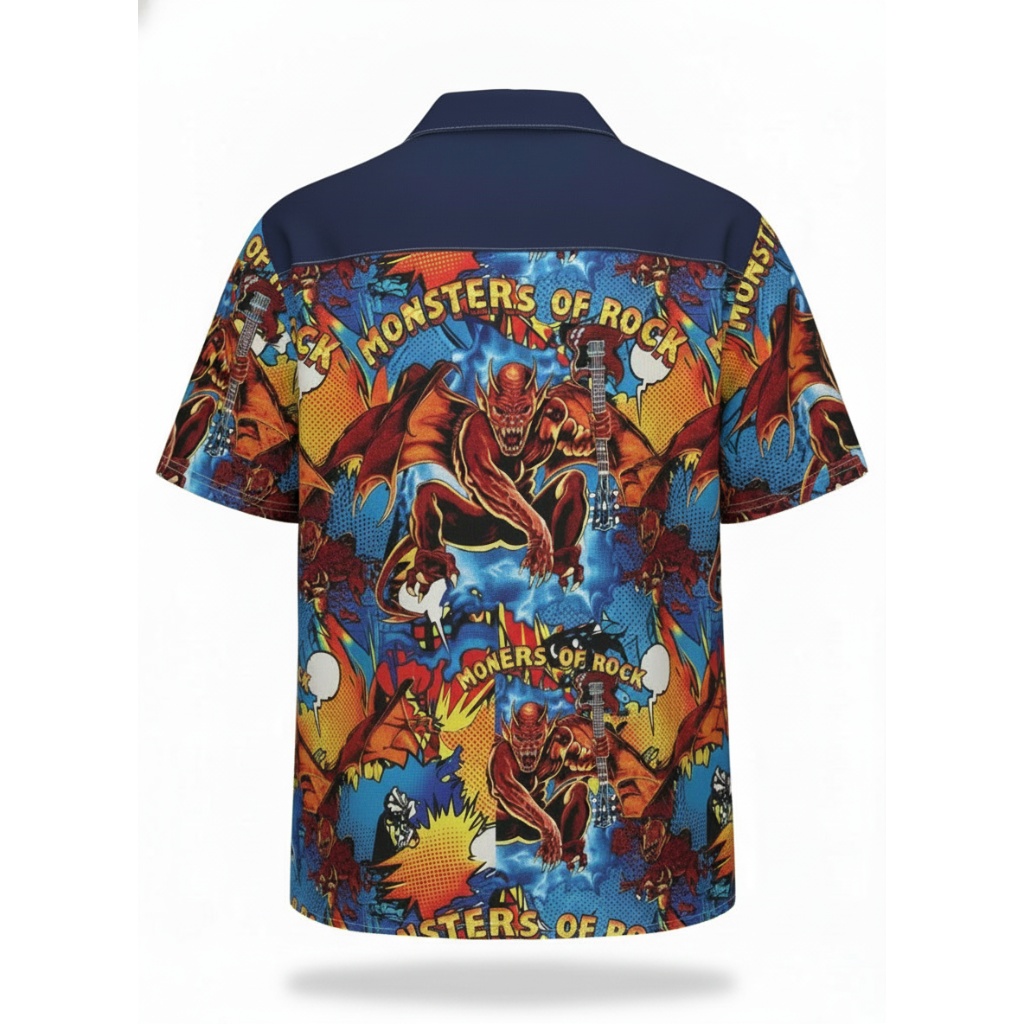 Monsters Of Rock Blue Red Graphic Print Button Up Shirt Monsters Of Rock Blue Red Graphic Print Button Up Shirt