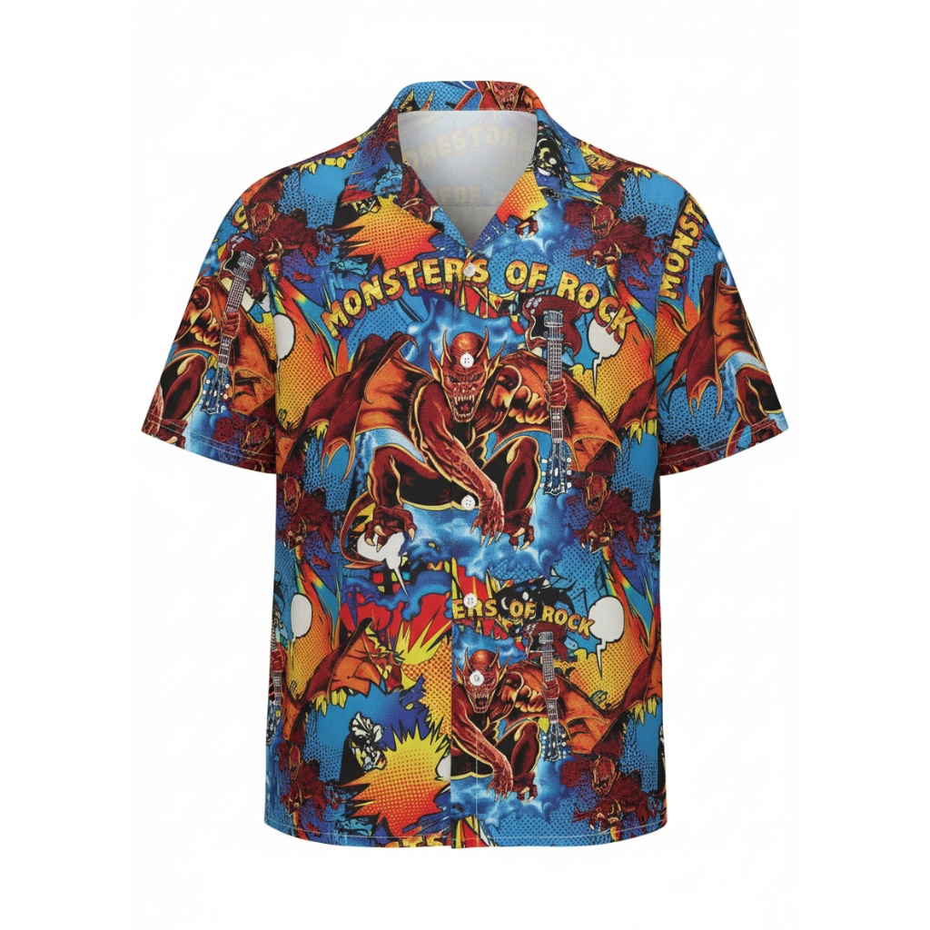 Monsters Of Rock Blue Red Graphic Print Button Up Shirt