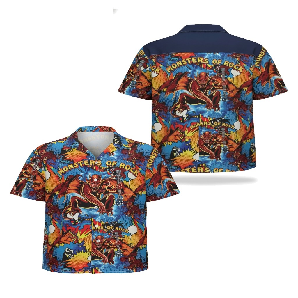 Monsters Of Rock Blue Red Graphic Print Button Up Shirt Monsters Of Rock Blue Red Graphic Print Button Up Shirt