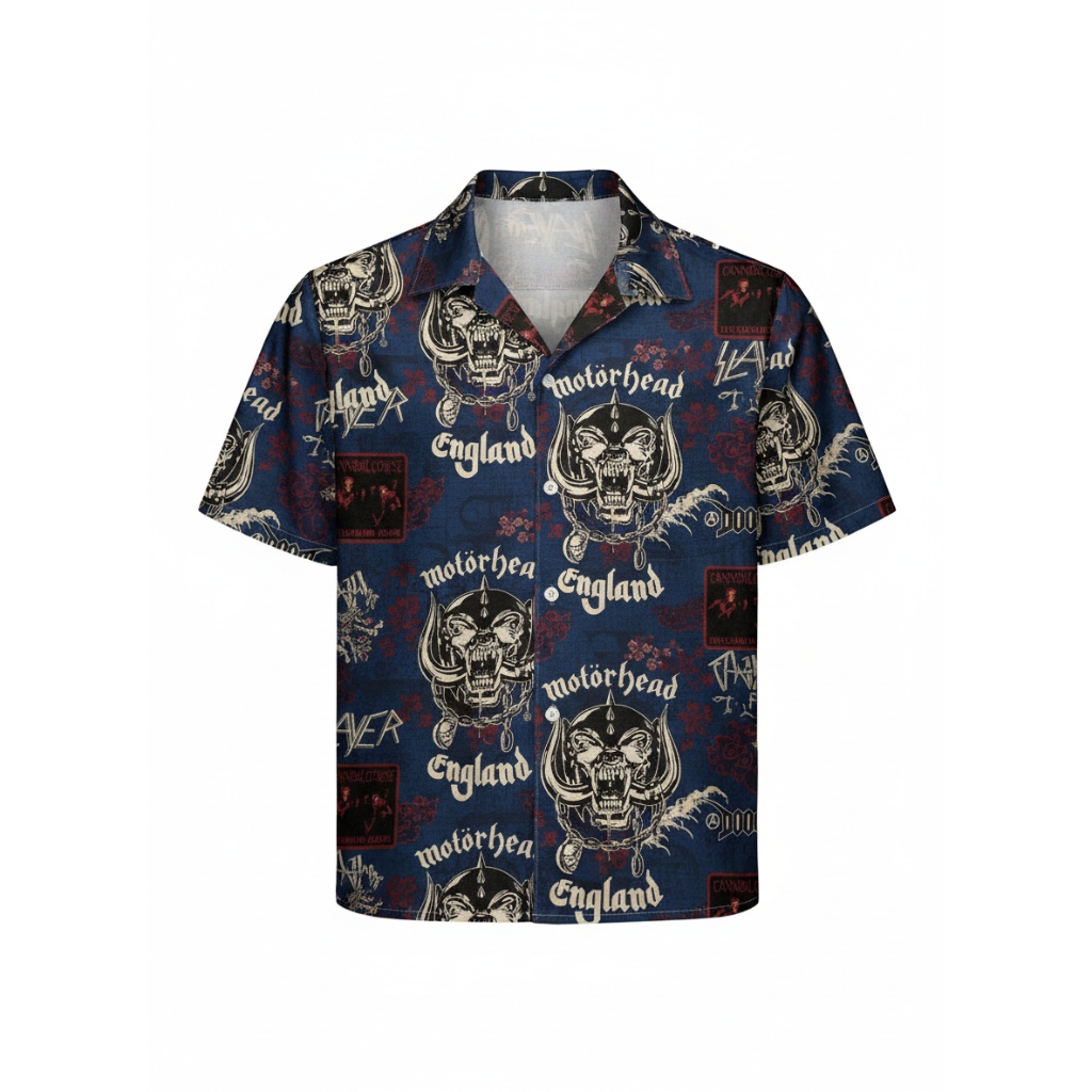Motorhead England Skull Print Button Up Shirt Blue